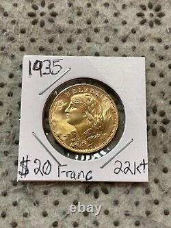 1935 Gold Coin 20 Francs French AU Helvetia Coin 22KT (Twenty Francs Gold Piece)