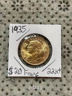 1935 Gold Coin 20 Francs French AU Helvetia Coin 22KT (Twenty Francs Gold Piece)