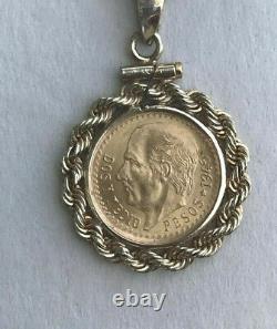 1945 2.5 Dos Peso 2 1/2 Gold Coin 14k Gold Necklace + Bezel 8.6 Grams 21 +