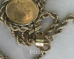 1945 2.5 Dos Peso 2 1/2 Gold Coin 14k Gold Necklace + Bezel 8.6 Grams 21 +