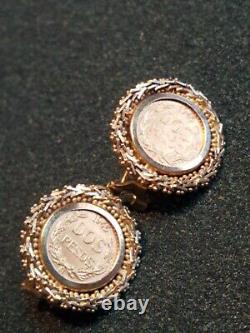 1945 MEXICAN DOS PESOS 22k GOLD COIN EARRINGS SET IN 14k Jewelry 8.85 grams
