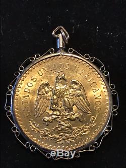 1945 MEXICO gold 50 PESOS 1.2 Oz. 37.5 Grams with 14K bezel 45.7 grams total