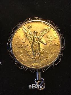 1945 MEXICO gold 50 PESOS 1.2 Oz. 37.5 Grams with 14K bezel 45.7 grams total
