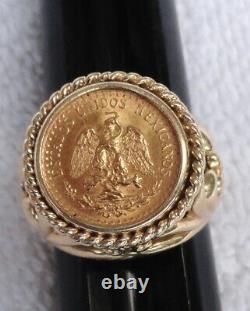 1945 Mexican 2 Pesos Gold Coin Ring, 14K Yellow Gold, Size 6, 8 Grams