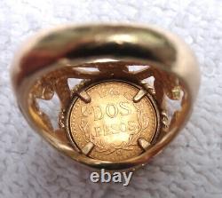 1945 Mexican 2 Pesos Gold Coin Ring, 14K Yellow Gold, Size 6, 8 Grams