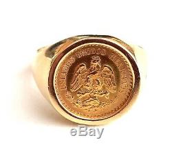 1945 Mexican Dos Pesos Bu Gold Coin In Solid 14k Yellow Gold Mans Ring- 10 Gram