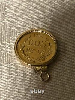 1945 Mexican Dos Pesos Gold Coin Pendant 22-karat Gold Coin 10-karat Gold Bezel