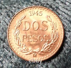 1945 Mo Dos Peso Gold Coin, Mexican 90% Fine Gold 2-Peso Coin, Snake, Cactus