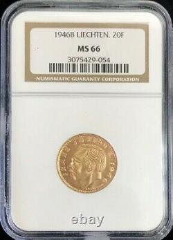 1946 B Gold Liechtenstein 6.451 Grams 20 Franken Coin Ngc Mint State 66