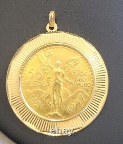 1947 Mexico Gold 50 Pesos Coin In 18K Bezel Pendant Jewelry Necklace 53 Grams