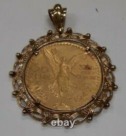 1947 Mexico Gold 50 Pesos Coin in 14K Bezel Pendant Jewelry 52.9 Grams (MK)