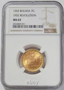 1952 Gold Bolivia 7 Gramos (10 Bolivianos) Revolution Coin Ngc Mint State 63