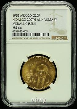 1953 Mexico Gold 20 Pesos HIDALGO 200TH ANNIVERSARY Medallic Issue NGC MS 66