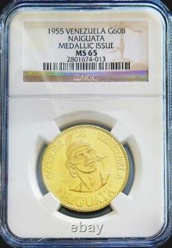 1955 Gold Venezuela 22.2 Gram Naiguata 60 Bolivares Caciques Coin Ngc Ms 65