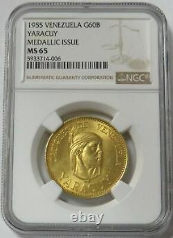 1955 Gold Venezuela 22.2 Gram Yaracuy 60 Bolivares Caciques Coin Ngc Ms 65