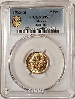 1955-Mo 4.17 Grams GOLD Mexican 5 PESOS KM-464 PCGS MS65 Gold Shield Coin