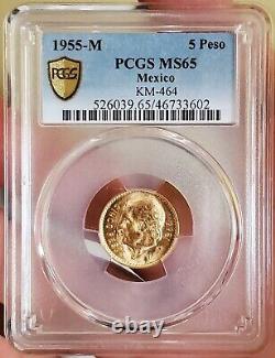 1955-Mo 4.17 Grams GOLD Mexican 5 PESOS KM-464 PCGS MS65 Gold Shield Coin