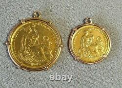 1959 50 Soles Gold Coin & 20 Soles Coin in Bezel Settings 39 Grams 22k Gold