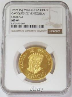 1959 Gold Venezuela Chacao Caciques Chief 15 Gram Ngc Ms 64