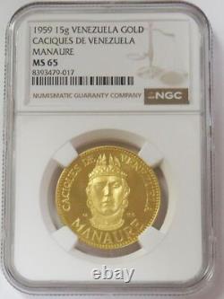 1959 Gold Venezuela Manaure Chief Caciques 15 Gram Ngc Ms 65