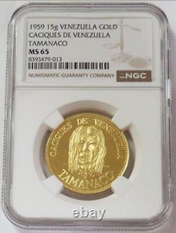 1959 Gold Venezuela Tamanaco Severed Head Caciques Chief 15 Gram Ngc Ms 65