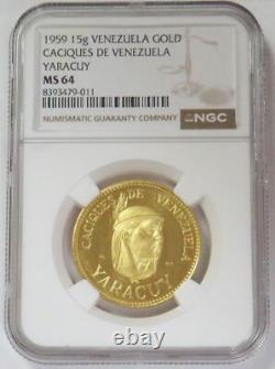1959 Gold Venezuela Yaracuy Caciques Chief 15 Gram Ngc Ms 64