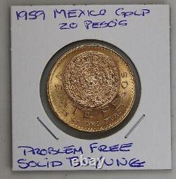 1959 Mexican Gold Veinte 20 Pesos Coin 16.66 Grams Bright UNC. 4823 Oz. Oro Puro