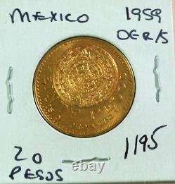 1959 Mexican Gold Veinte 20 Pesos Coin 16.66 Grams Bright UNC. 4823 Oz. Oro Puro