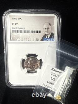 1960 Roosevelt Dime PF69 And 1/2 Gram Of Natural Gold Nuggets