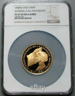 1968 So Gold Chile 500 Pesos 101.7 Gram Flag Anniversary Coin Ngc Proof 67 Uc