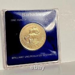 1975 Barbados $ 100 USD Rare GOLD Coin. 5 Fineness/6.21 Grams