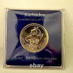 1975 Barbados $ 100 USD Rare GOLD Coin. 5 Fineness/6.21 Grams