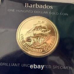 1975 Barbados $ 100 USD Rare GOLD Coin. 5 Fineness/6.21 Grams