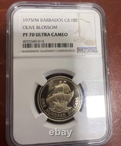 1975FM Barbados G$100 Gold Olive Blossom NGC PF70 Flawless Perfect Gold Coin