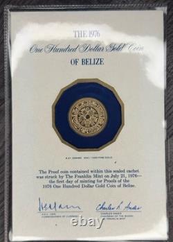 1976 Belize $100 Proof Gold Coin 6.21g. 500 Fine, 1/10 oz AGW Franklin Mint