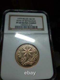 1979 belize g$100 star of Bethlehem pf 68 ultra cameo ngc. 6.21 grams gold coin