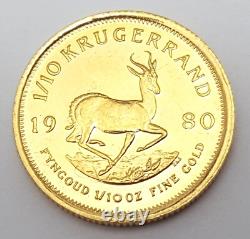 1980 1/10 oz Fine Gold Krugerrand South African Gold Coin 3.39 Grams