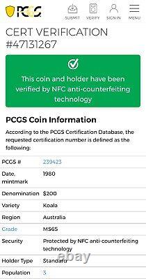 1980 Australia $200 Koala PCGS GRADED MS65 POP OF ONLY 3 10g of 22k GOLD