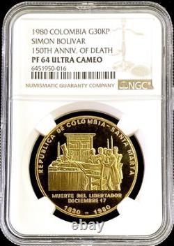 1980 GOLD COLOMBIA 500 MINTED 30,000 PESO 1 OZ SIMON BOLIVAR 150th NGC PF 64 UC