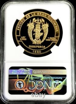 1980 GOLD COLOMBIA 500 MINTED 30,000 PESO 1 OZ SIMON BOLIVAR 150th NGC PF 64 UC
