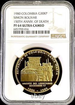 1980 GOLD COLOMBIA 500 MINTED 30,000 PESO SIMON BOLIVAR 150th ANNIV NGC PF 64 UC