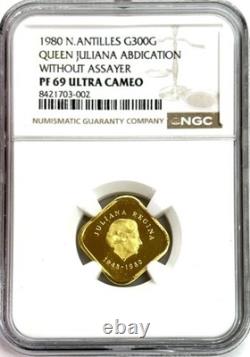 1980 Gold Netherlands Antilles 5.04 Grams 300 Gulden Queen Juliana Ngc Pf 69 Uc
