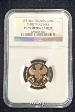 1981 Gold Panama 5.37 Gram 50 Balboas Christmas Coin Ngc Proof 69 Ultra Cameo