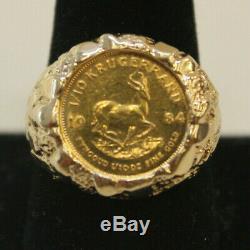 1984 South Afican 1/10 Oz Krugerrand Coin In 14K Gold Nugget Ring/9.1 Grams/S 11