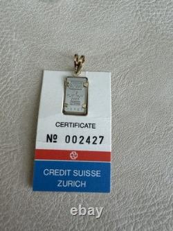 1985 CREDIT SUISSE 1 GRAM. 9995 PLATINUM BAR With14k Pendant