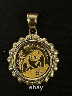 1990 China 5 Yuan 1/20 oz. 999 Gold Panda Coin in 14k Bezel Pendant