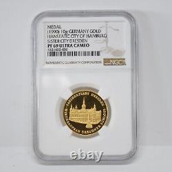 1990 Germany Gold Medal 10 Gram Hanseatic City of Hamburg NGC PF69 Ultra Cameo