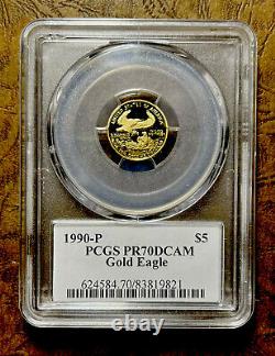 1990 P $5 Gold 22k Gold Pop 18 Eagle 8.48 Grams Pcgs Mercanti Pr70 Gaudens Gam