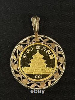 1991 China 5 Yuan 1/20 oz. 999 Gold Panda Coin in 14k Bezel Pendant