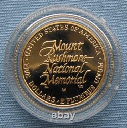 1991-W US Mint Mount Rushmore Proof $5 Gold Coin 0.2419 oz AGW + box & COA (Mt)